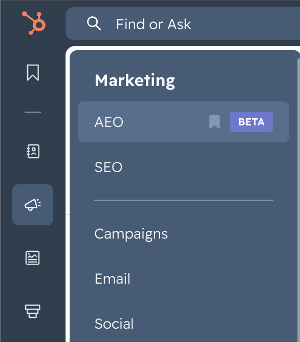 HubSpot's left navigation menu open to Marketing with AEO listed at the top, marked Beta